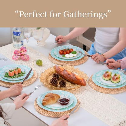 Bone China Dinnerware Set for 4, 12 Pcs Plates and Bowls, Light Blue Rim - color: Light Green