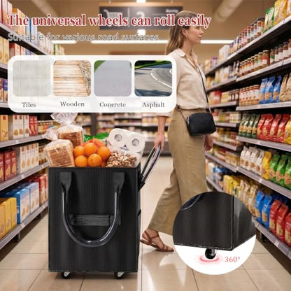 Reusable Grocery Bag on Wheel, Foldable Shopping Cart with Wheels, Can Carry up to 67 Pounds, Suitable for Groceries, Laundry, Camping and Moving. (Black - Small) - color: Black - Small