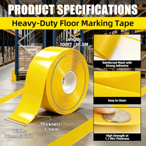 Yellow Floor Marking Tape, 1.1mm Extra Thick Adhesive Industrial Safety Tape, 3 In Width x 100FT, Warning Tape for Warehouse, Concrete, Harsh Conditions, Forklift, High Traffic Floors (3, Inches) - color: Yellow, size: 3 Inch x 100 FT