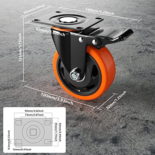 YUPEZOP 4 Inch Caster Wheels, Casters Set of 4 Heavy Duty with Brake 2400LB - color: Orange, size: 4 Inch