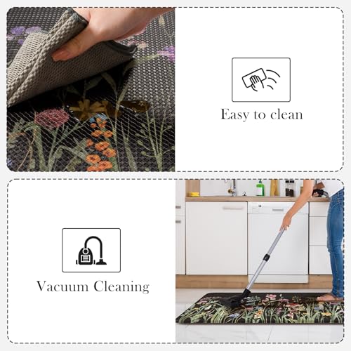 KIMODE Kitchen Mats Cushioned Anti Fatigue, Black Farmhouse Kitchen Rugs - color: Floral/Black, size: 59"L x 17.3"W x 0.47"Th + 29"L x 17.3"W x 0.47"Th