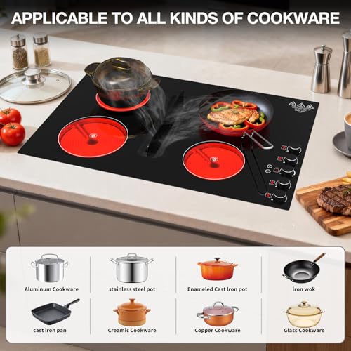 30" Electric Cooktop with Downdraft – 4 Burner 6000W Built-in Electric Stove, BBQ Bridge Burner, Timer, Safety Lock, Recirculating Vent (220V-240V) - color: Black 4 Burner Electric Cooktop