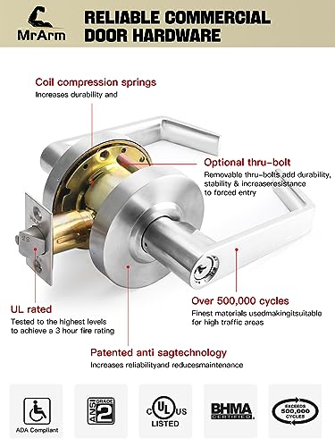 MrArm Commercial Door Lever Lock, Heavy-Duty Locking Door Handle, Designer Door Handles, Cylindrical Lever Lock, Non-Handed Grade 2 Industrial Standard Door Handle, Satin Chrome(Classroom)