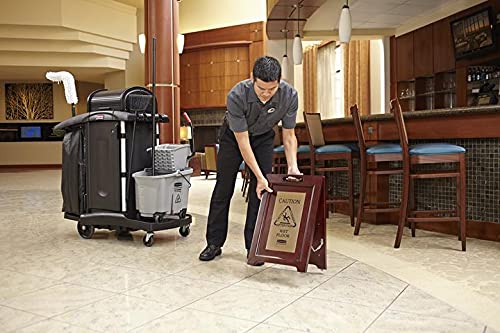 Rubbermaid Commercial Executive Series™ 22 Inch Wooden Multilingual "Caution" Safety Wet Floor Sign, 2-Sided, Gold