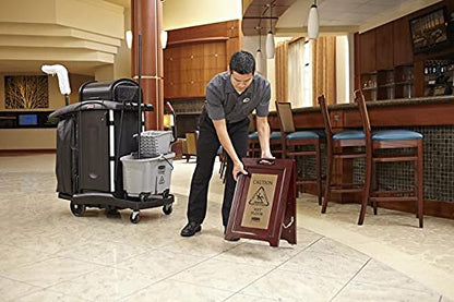Rubbermaid Commercial Executive Series™ 22 Inch Wooden Multilingual "Caution" Safety Wet Floor Sign, 2-Sided, Gold
