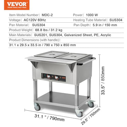 VEVOR 2-Pan Commercial Food Warmer, 2 x 20.6QT Electric Steam Table, 1000W Professional Buffet Catering Food Warmer with 4 Wheels (2 Lockable), Food Grade Stainless Steel Server for Party Restaurant - size: 2-Pan (41.2 QT)