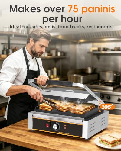 Commercial Panini Press - 2200W Electric Panini Sandwich Grill w/Nonstick Coating & Adjustable Temp, Stainless Steel, Panini Grill Press w/14"x9" Cooking Pan (Full Flat),Double-sided Heating - style: 14"x9" Smooth Plates
