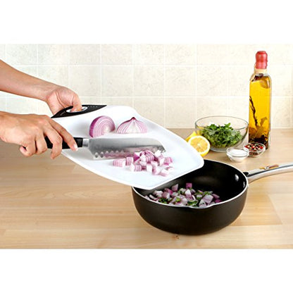Dexas Chop & Scoop Cutting Board, 9.5 x 13 Inch, White and Black, BPA-Free Dishwasher Safe Kitchen Prep Board with Handle - color: White, size: 13"L x 9.5"W