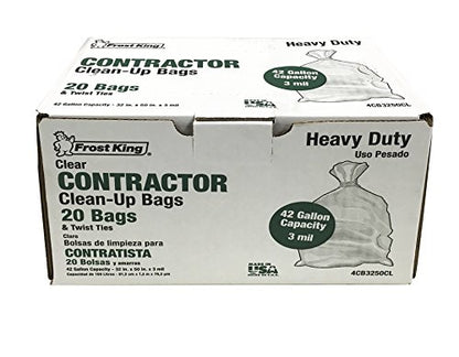 Frost King CB3250 Boxed Heavy Duty Contractor Clean-Up Bags, 32 inch x 50 inch x 3 Mil., 20 Bags, Clear, 1 Count (Pack of 1) - size: 1 Count (Pack of 1), style: 20-Bags - Clear