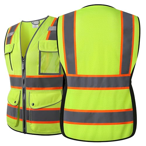 Reflective Safety Vest for Women Mesh High Visibility Vest with 8 Pockets and Front Zipper High Vis Vest Work Vests Meets ANSI/ISEA Standards(Yellow-16, Large) - color: Yellow, size: Large