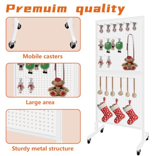 Royxen 5.3 x 1.9 Ft Standing Pegboard Display with T-Base, Locking Wheels and 20 Hooks, Metal Peg Board Display Stand for Craft Shows, Vendors and Retail Stores, White - color: White