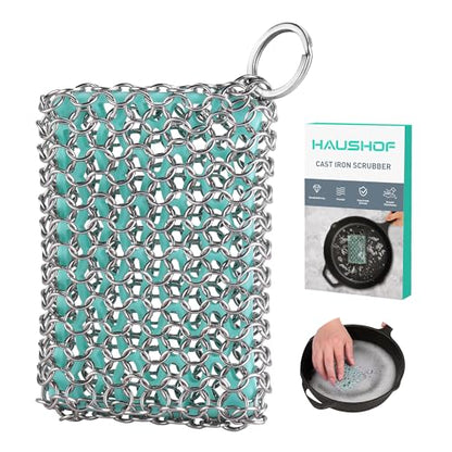 HAUSHOF Cast Iron Scrubber, Chainmail Scrubber Cast Iron Cleaner - color: Seafoam Green