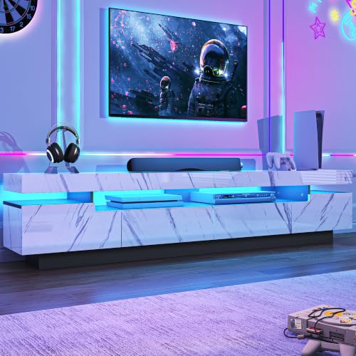 82.7IN Modern High Gloss LED TV Stand for Living Room,For 75-90in TV(White) - color: Marbling White, size: 82.7IN