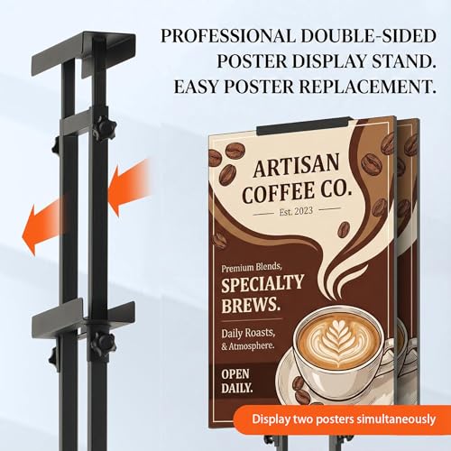 Poster Stand, Adjustable Height Up to 75", Double-Sided Heavy Duty Pedestal Sign Holder, Floor Standing Sign Holder Banner Stand with Shock-absorbing Base for Display, for Board and Foam, Black
