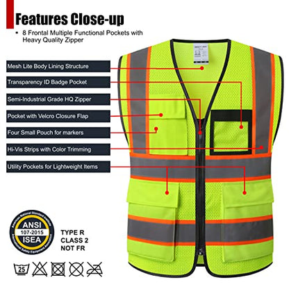 Reflective Safety Vest for Men Women Hi Vis Vest with 8 Pockets High Visibility Mesh Reflective Vest Meets ANSI/ISEA Standards (Yellow-07, Large) - color: Yellow, size: Large