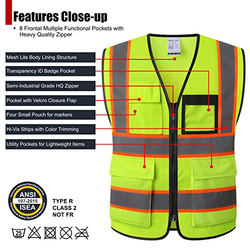 Reflective Safety Vest for Men Women Hi Vis Vest with 8 Pockets High Visibility Mesh Reflective Vest Meets ANSI/ISEA Standards (Yellow-07, Large) - color: Yellow, size: Large