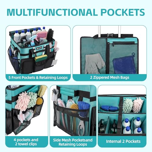 Rolling Cleaning Caddy Bag with Wheels, Large Cleaning Cart Detachable Trolley, Cleaning Bags for Housekeepers With Shoulder Strap & Multi Pockets for Cleaning Tools Storage (Amber Green)