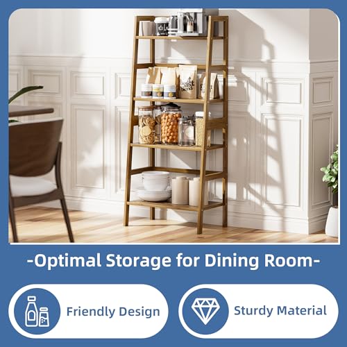 HITNET Ladder Shelf, 4-Tier Bamboo Bookshelf, Freestanding Open Display Storage Rack, Space Saving Flower Plant Display Stand for Bathroom Living Room, Walnut - color: Walnut