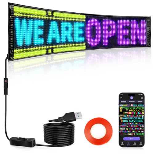 Rayhome Full Color Dual Row Programmable LED Sign, 24.6''x6.3'' Flexible 5V/2A USB Bluetooth APP Control LED Signs Custom Text Message Pattern Scrolling LED Display for Car Store. - size: 24.6 x 6.3 inches