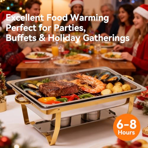 9Qt Chafing Dishes for Buffet, 4 Pack Gold 304 Stainless Steel Chafing Dish Sets, Food Warmers for Parties Buffet,Complete Buffet Servers and Warmers to Keep Food Warm - color: Full Golden