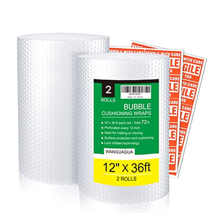 wanguagua Bubble Packing Moving Wrap, 12 Inch x 72 ft Total, 2 Pack - size: 12in. x 36ft. / 2 Rolls