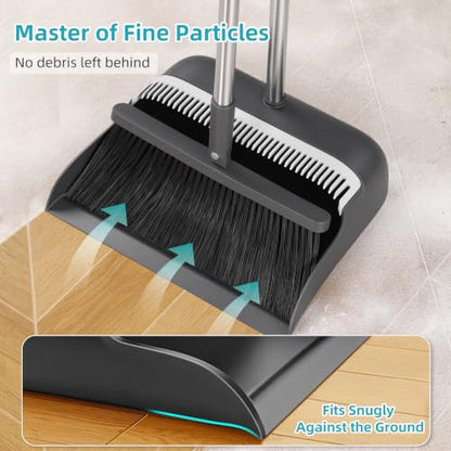 MOPALL Broom with Dustpan Combo Set with 53" Long Handle Inc 2 Broom Heads - color: Black & Grey