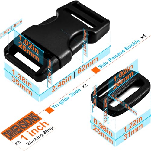 LASIGHT Buckles for 1 inch Wide Webbing Straps: Quick Side Release Buckle 4 set and Tri-Glide Slide 8 pcs Fit 1" Nylon Web Belt, Plastic Snap Fastener Clip Heavy Duty Replacement Dual Adjustable - size: 4 Set for 1 inch Webbing