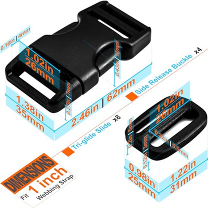 LASIGHT Buckles for 1 inch Wide Webbing Straps: Quick Side Release Buckle 4 set and Tri-Glide Slide 8 pcs Fit 1" Nylon Web Belt, Plastic Snap Fastener Clip Heavy Duty Replacement Dual Adjustable - size: 4 Set for 1 inch Webbing