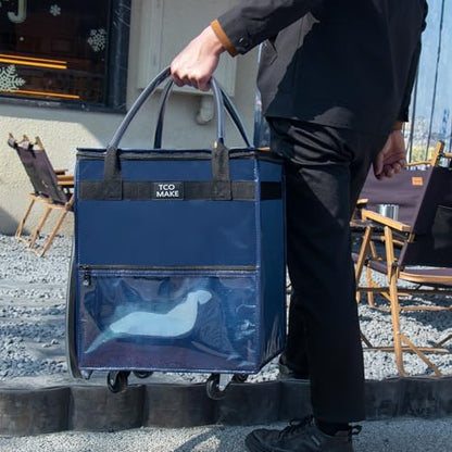 Small DK Blue Reusable Grocery Bag on Wheels, Folding Rolling Tote - color: Dk Blue, size: Small