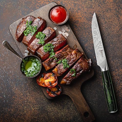 SENKEN Professional 6-Piece Steak Knife Set with Beautiful Engraved Pattern - Wasabi Collection - Razor Sharp Serrated High Carbon Steel & Emerald Green Resin Handle (6 Piece Steak Knife Set) - size: 6-Piece Steak Knife Set