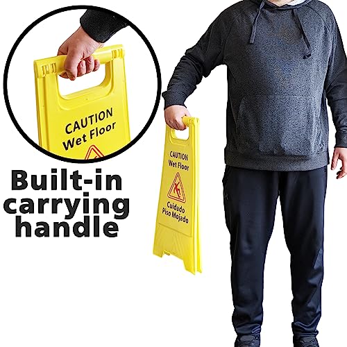3 Pack CAUTION Wet Floor Signs - Bilingual (Cuidado Piso Mojado), 2 Feet Tall, Double Sided, High Visibility Yellow Color, Fold-Out Standing Signs, Portable with Carrying Handle - SciencePurchase