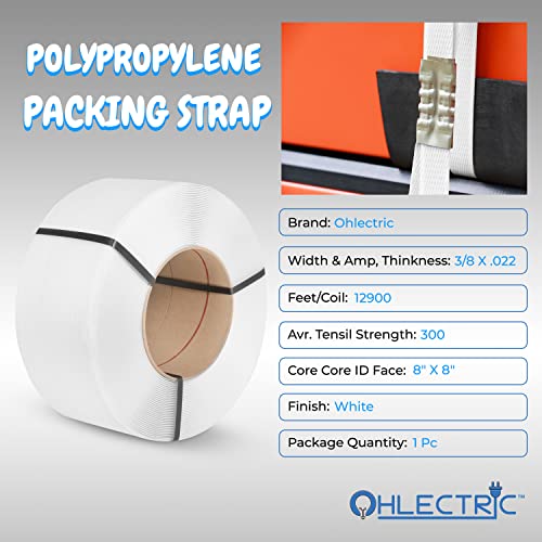 OHLECTRIC ⅜ x 12,900' Machine Grade Polypropylene (PP) Strapping Roll,8" x 8" Core, 300lb Break Strength Plastic Banding Strap for Automatic & Semi-Automatic Strapping Machines, Heavy Duty Packaging