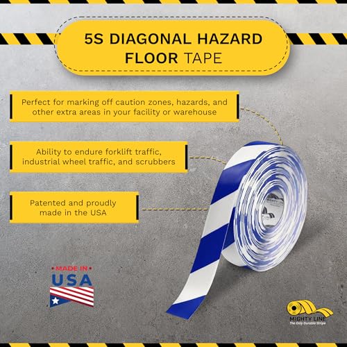 Mighty Line Diagonal Hazard Floor Marking Tape, 100 ft Roll - size: 2 inch, style: White With Blue Chevrons