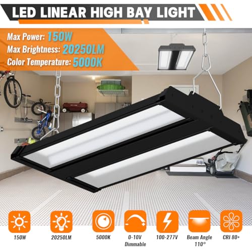 Allsmartlife LED Linear High Bay Shop Light 2-Pack, 150W 20250LM 0-10V Dimmable 5000K Daylight, Adjustable Tilt Hanging Black High Bay LED Shop Lighting Fixtures for Garage Warehouse Workshop ETL