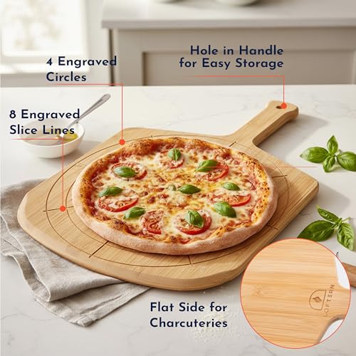 Wooden Pizza Peel 12 Inch Board with Engraved Sizes - Multi-Purpose Bamboo Pizza Cutting Board, Wood Pizza Peel, Pizza Spatula Paddle, and Serving Board with Size and Cutting Guide - color: Natural(12 inch)