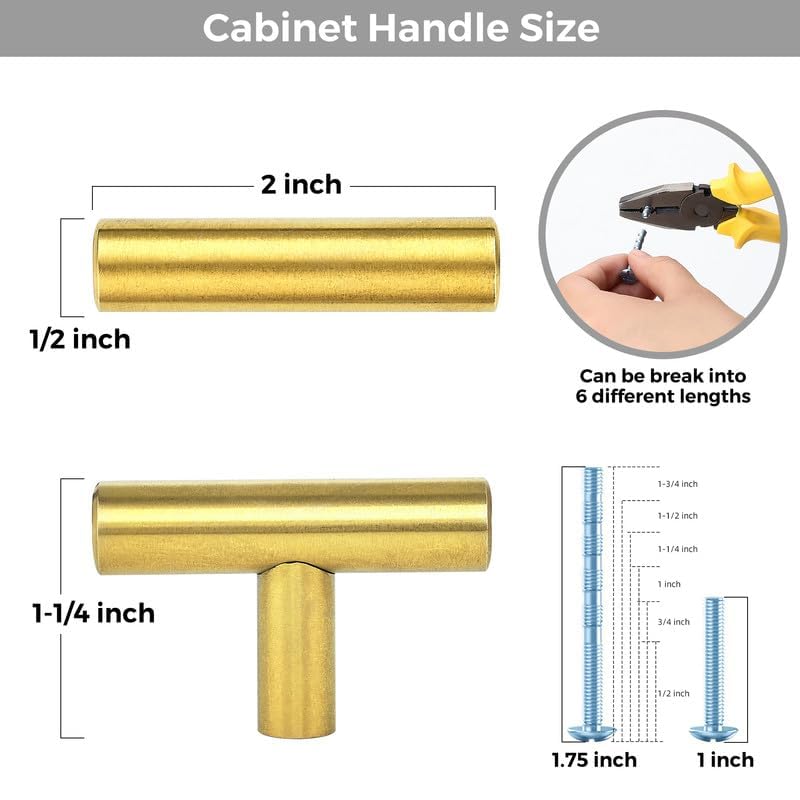 3 Pack Brushed Brass Cabinet Knobs, 2in Length T Bar Drawer Pulls - color: Brushed Brass, size: 3 Pack, style: T Bar