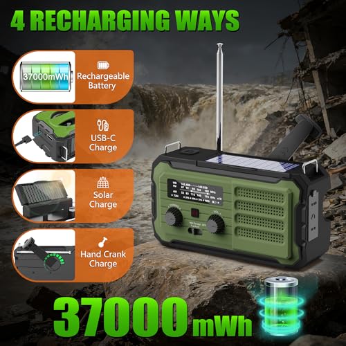 Emergency Radio Hand Crank Solar, 10000mAh/37000mWh Emergency Weather Radio