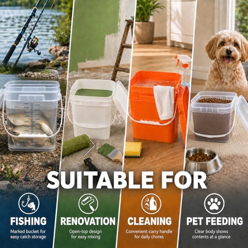 DEMORA 68oz Food Grade Square Plastic Bucket with Lid, Clear Airtight Storage Container, Reusable Pail for Kitchen Food Water Ice Cream Household Use 6Pcs (3 White+3 Transparent) - color: Transparent +White