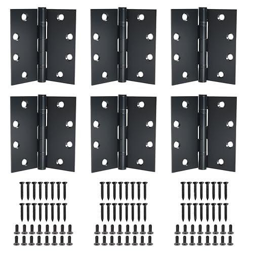 4.5 X 4.5 inch Black Heavy Duty Commercial Door Hinge Thickened, Silent Plain Steel Ball Bearing Door Hinges, 4.5 inch Door Hinge Thickness 3 mm Stainless Steel Square Corners（48 Screws 6pcs - color: Black