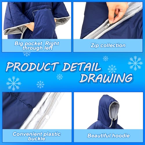 Preboun Thermal Poncho Wearable Hooded Blanket Winter Poncho Wearable Sleeping Bag Water Resistant Windproof for Men Women - color: Green, Navy Blue