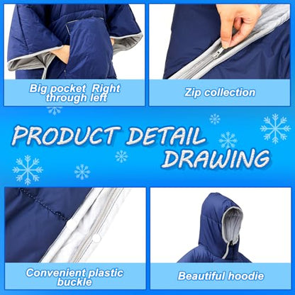 Preboun Thermal Poncho Wearable Hooded Blanket Winter Poncho Wearable Sleeping Bag Water Resistant Windproof for Men Women - color: Green, Navy Blue
