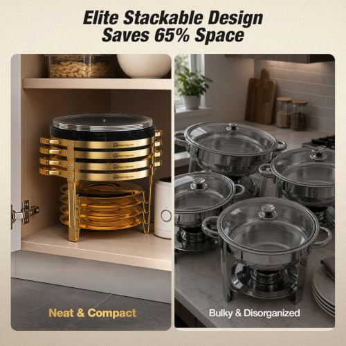 Chafing Dishes for Buffet, 4 Pack 9QT Gold Buffet Display Set, Granite-Coated Round Stainless Steel Food Warmers with Glass Lid Holder & Rolled-Edge, Stackable Storage Catering Events Supplies