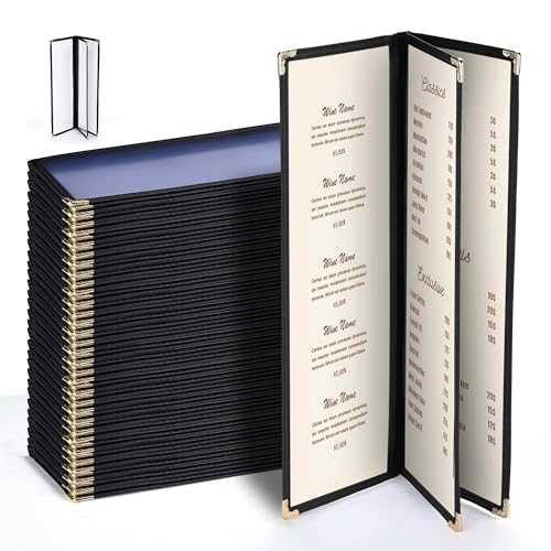 WeChef 30 Pcs 4.25 x 14" Restaurant Menu Covers 3 Page 6 View Menu Holders - size: 4.25x14" - 6 View