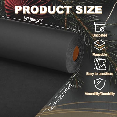 PATIKIL Wrapping Paper, 20"x1200"(100') Bulletin Board Paper Roll Kraft Paper Roll Construction 80GSM for Shipping Packing Gift Wrapping Craft Flower Bouquet Christmas, Black - color: Black, size: 20x1200 Inch