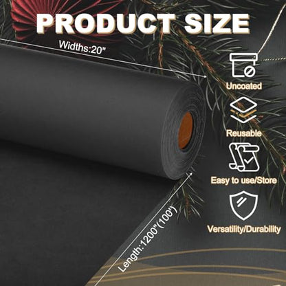 PATIKIL Wrapping Paper, 20"x1200"(100') Bulletin Board Paper Roll Kraft Paper Roll Construction 80GSM for Shipping Packing Gift Wrapping Craft Flower Bouquet Christmas, Black - color: Black, size: 20x1200 Inch