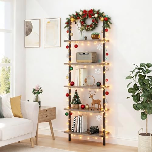 Karl home Gray 5 Tier Wall Mount Ladder Shelf, Metal Frame Bookcase - color: Grey