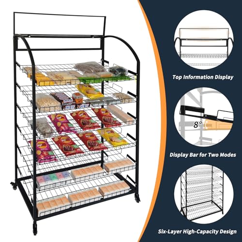 TONGMO Bakery Display Rack: Equipped with Wheels and Header Holder, 39.5" Wide Potato Chip Display Rack, 6 Shelves Snack Rack Display.(39.5", 6-Shelves, Black)