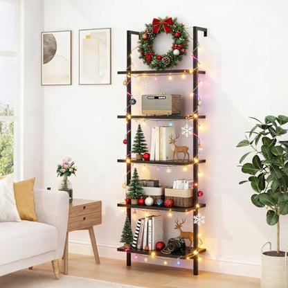 Karl home Dark Walnut 5 Tier Wall Mount Ladder Shelf, Metal Frame Bookcase - color: Dark Walnut