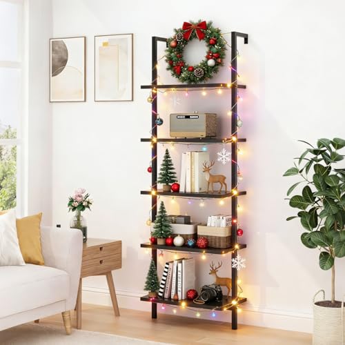 Karl home Dark Walnut 5 Tier Wall Mount Ladder Shelf, Metal Frame Bookcase - color: Dark Walnut