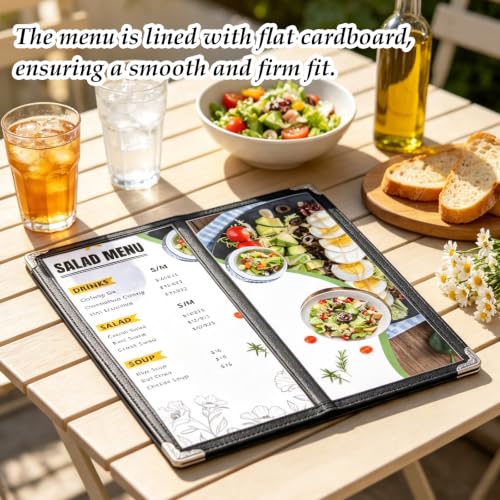 SHUESS 20 Pcs Menu Covers, 11 X 4.5 Inch 2 Page 4 View Restaurant Menu Covers with Clear Plastic Sleeves, Loose-Leaf Leather Order Holder with Leather Edges and Metal Clips for Restaurant, Bars, Café